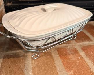 White Ceramic Covered Casserole Dish Chrome Wire Serving Stand Kitchen