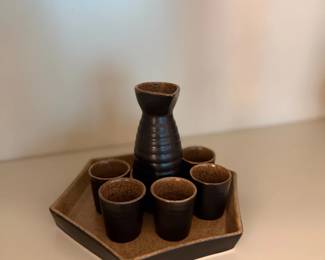 Japanese Sake Set Dark Ceramic Bottle Cups Tray Asian Pottery Barware Drinkware
