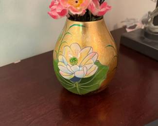 Hand Painted Floral Vase Asian Lotus Design Pink Cherry Blossoms Decorative Art