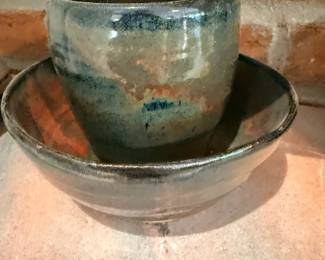 Handmade Pottery Mug Saucer Blue Green Glaze Stoneware Ceramic Studio Art