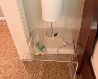 Clear Acrylic Lucite Side Table Modern End Table Lamp Chrome Base White Shade