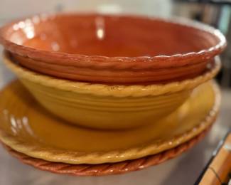 Ceramic Pottery Bowls Stacked Terracotta Amber Yellow Glazed Kitchen Dinnerware