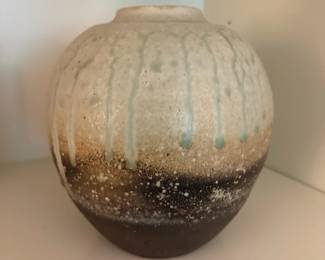 Round Pottery Vase Drip Glaze Brown Cream Blue Accent Stoneware Ceramic Art Decor