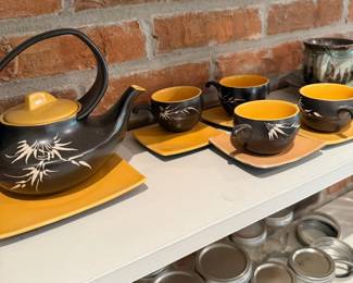 Japanese Tea Set Brown Black Teapot Cups Bamboo Design Wood Tray Asian Pottery