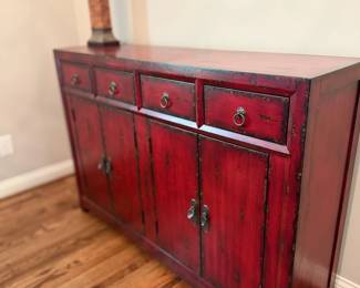 Red Distressed Asian Sideboard Cabinet Drawers Doors Buffet Storage Furniture