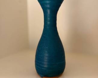Blue Ceramic Vase Fluted Tulip Rim Ribbed Texture Pottery Home Decor Accent