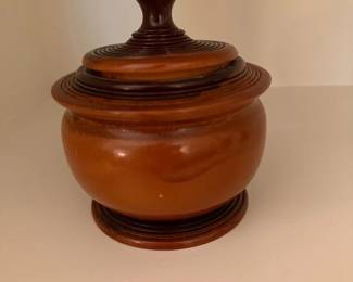 Turned Wood Lidded Jar Bowl Dark Brown Knob Handle Handcrafted Woodworking Decor