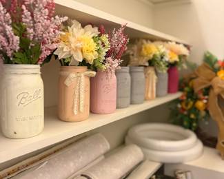 Mason Jars Painted Vases Floral Arrangements Farmhouse Shelf Decor Flowers Home