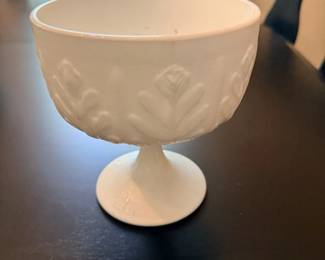 White Milk Glass Pedestal Compote Bowl Leaf Design Vintage Glassware