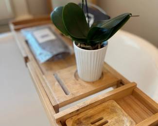 Bamboo Bath Caddy Tray Bathtub Shelf Orchid Plant White Ribbed Pot Spa Bathroom
