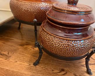 Brown Hammered Ceramic Covered Jars Urns Iron Tripod Stands Decorative Pottery