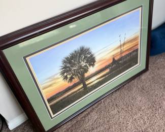 Framed Sunset Panoramic Art Print Palm Trees Landscape Dark Wood Frame Wall Art