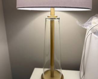 Brass Gold Table Lamp Gray Drum Shade Modern Sleek Column Bedroom Lighting