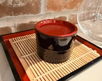 Japanese Miso Soup Bowl Black Red Bamboo Sushi Mat Asian Kitchen Dining