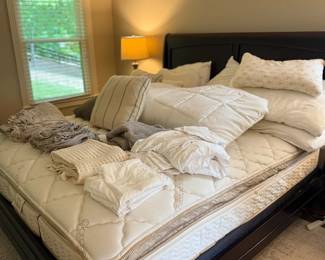 King Bed White Bedding Pillows Dark Wood Headboard Bedroom Furniture Set