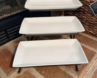 Three Tier White Ceramic Serving Platters Metal Stand Entertaining Kitchen