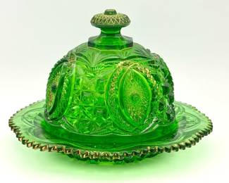 Vintage Green Glass Butter Dish