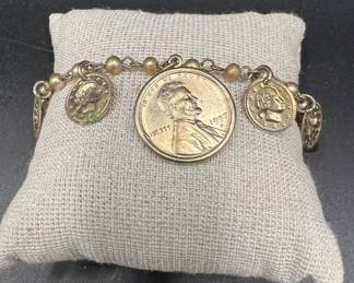 Vintage Charm Bracelet featuring Decorative Dangling Medallions & a 1957-D Lincoln Wheat Penny