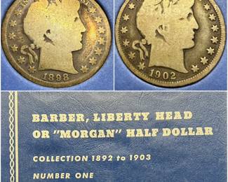 (2) Barber Liberty Head Morgan Half Dollar Coins in Whitman Coin Album