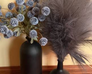 (2) Black Vases With Faux Stems
