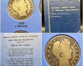 (6) Barber Liberty Head Morgan Half Dollar Coins in Whitman 1892-1903 Coin Album Number One
