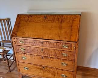 Antique Tiger Maple Secretary Desk With Key