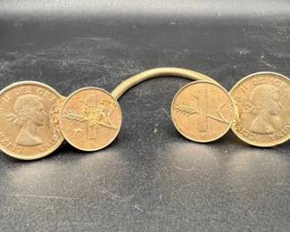 Vintage Gold Tone Sweater Clip — Stylized British or Commonwealth Coins ft. Queen Elizabeth