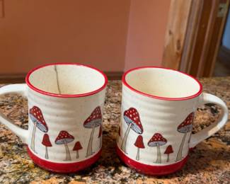 (2) Seeds & Sunshine Red Mushrooms Metallic Ceramic Handpainted Coffee Mugs