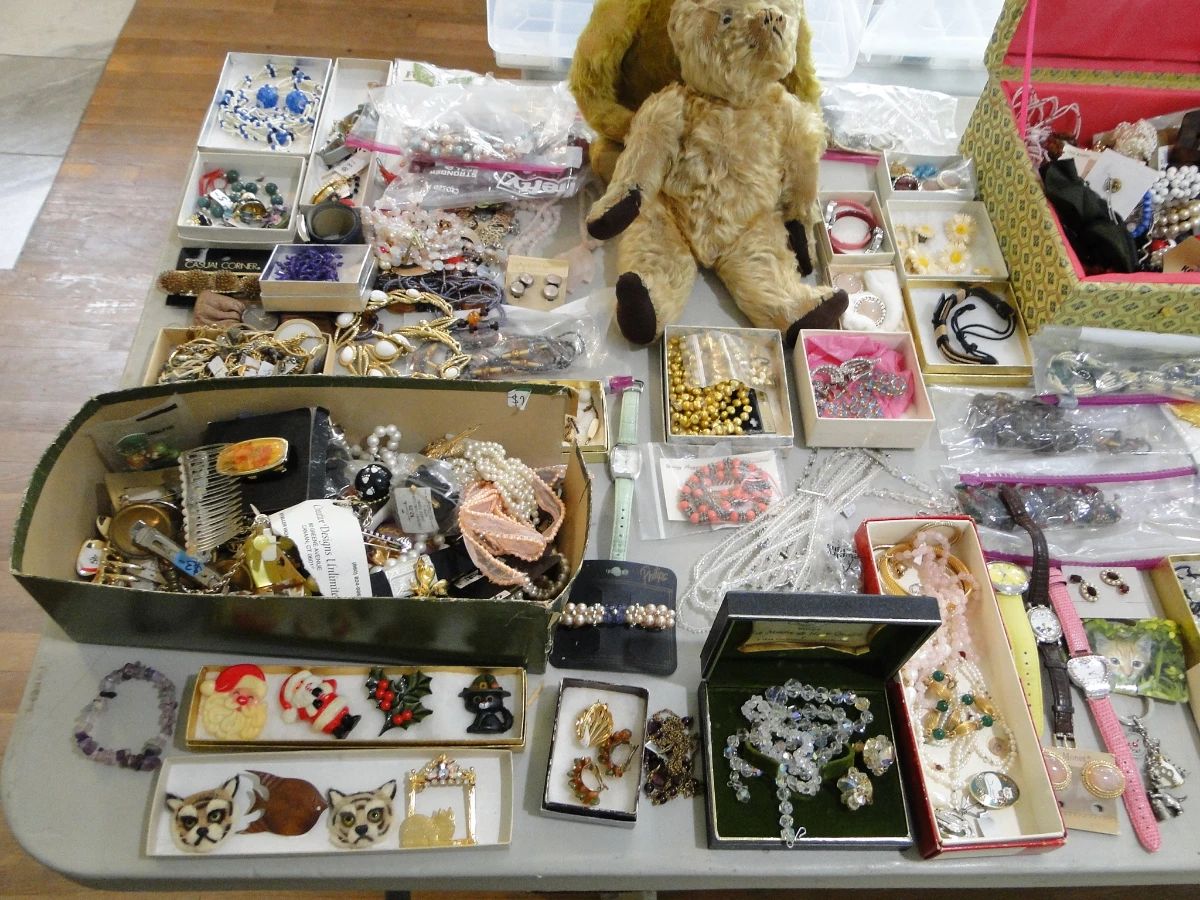 Lots of costume jewelry, two vintage/antique mohair bears