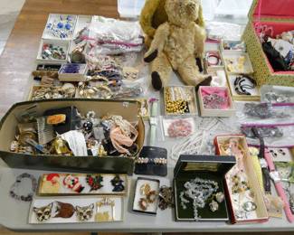 Lots of costume jewelry, two vintage/antique mohair bears