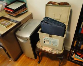 Shredder, chairs, file boxes etc.