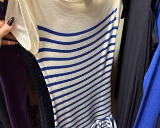 White and Blue Striped Cotton Knit Tunic with Ruffled Hem