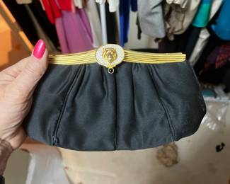 $250, Judith Leiber Black Satin Evening Clutch Gold Tone Frame Formal Designer Handbag Purse