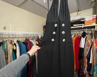 Black Halter Neck Dress with Crystal Floral Buttons