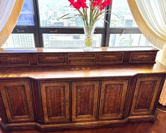 Inlaid Burl Wood Credenza with Gallery Top