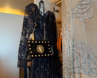 Black Velvet Shoulder Bag with Gold Medusa Hardware