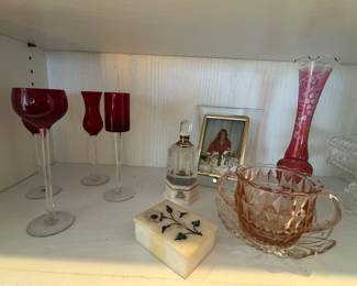 Cranberry and Pink Glassware with Alabaster Trinket Box