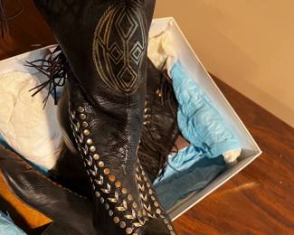 $300 Black Leather Studded Western Boots with Fringe