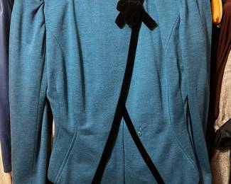Teal Wool Knit Jacket with Black Velvet Trim and Bow