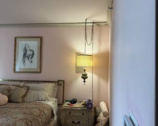 Brass Mediterranean Swag Lamp with Fabric Drum Shade