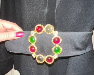 Black Fabric Belt with Jewel Toned Cabochon Buckle