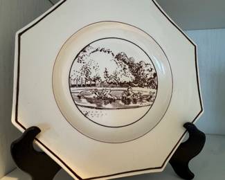 Octagonal Ceramic Transferware Plate with Park Scene