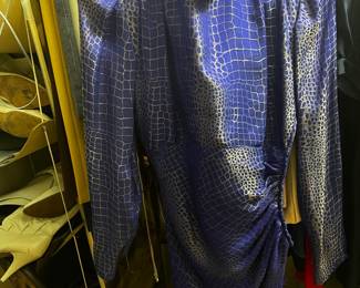 Ungaro Parallele Blue Metallic Snakeskin Print Long Sleeve Ruched Dress