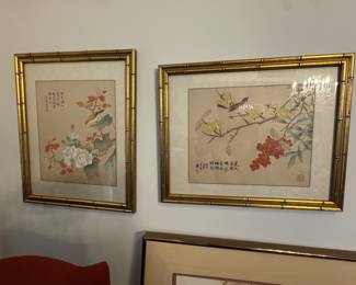 $500 pair, Asian Botanical and Bird Decorative Wall Art Prints in Bamboo Style Frames Set of 2
