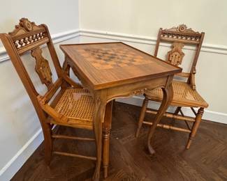$600, Chess Inlaid Game Table, $150 each Eastlake Chairs