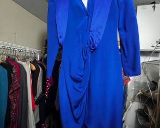 Royal Blue Draped Crepe and Satin Cocktail Dress