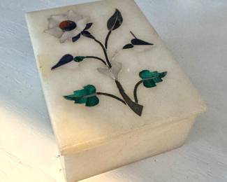 Carved Marble Inlay Box with Floral Pietra Dura Motif