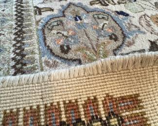 $1800, Rug, Hand Knotted Wool Area Rug with Floral Medallion Design and Fringe Ends