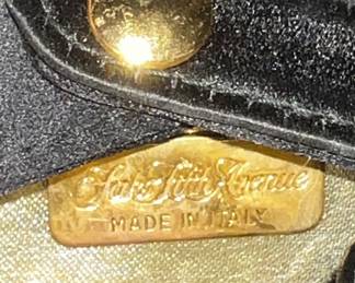 $125, Saks Fifth Avenue Made in Italy Black Satin Evening Bag Gold SCHO Shoulder Strap Formal Clutch Purse 1980s/1990s