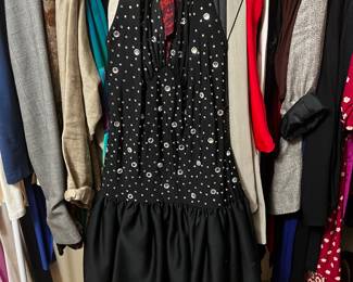 Robert-David Morton Black Halter Dress with Rhinestones and Drop Waist